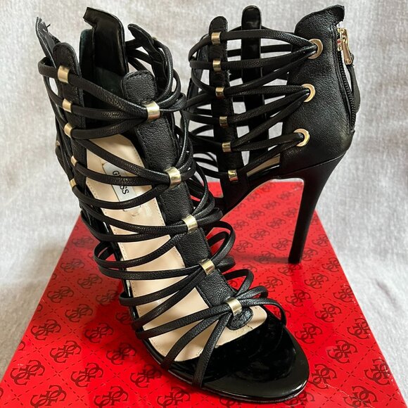 Guess Leday Black Leather Strappy High Heel Sandals.  Never Worn.  Size 7.5 - Picture 1 of 12